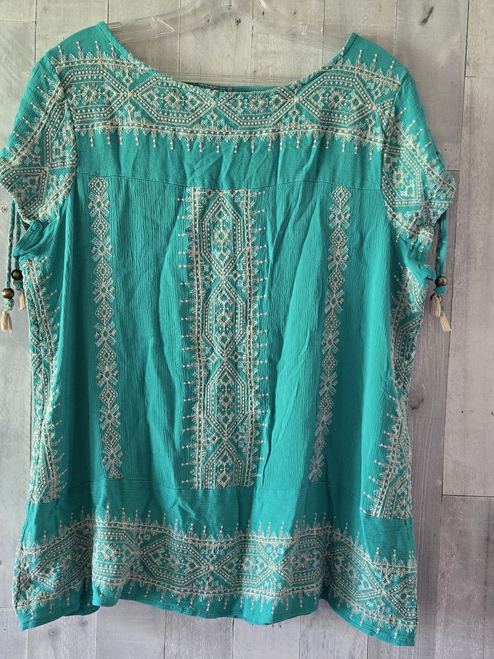 WranglerTurquoise & Cream Embroidered Western Rodeo Cowgirl Top Beaded Sleeve De